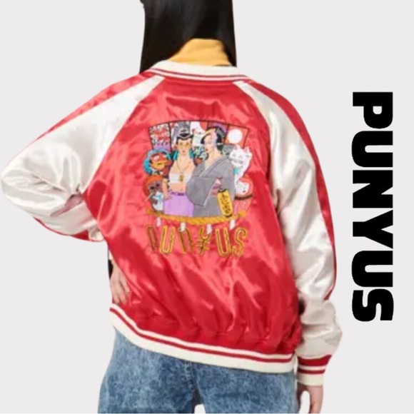 PUNYUS | Japanese Souvenir Bomber Jacket | Satin | Red | Embroidered | Small - Picture 2 of 15